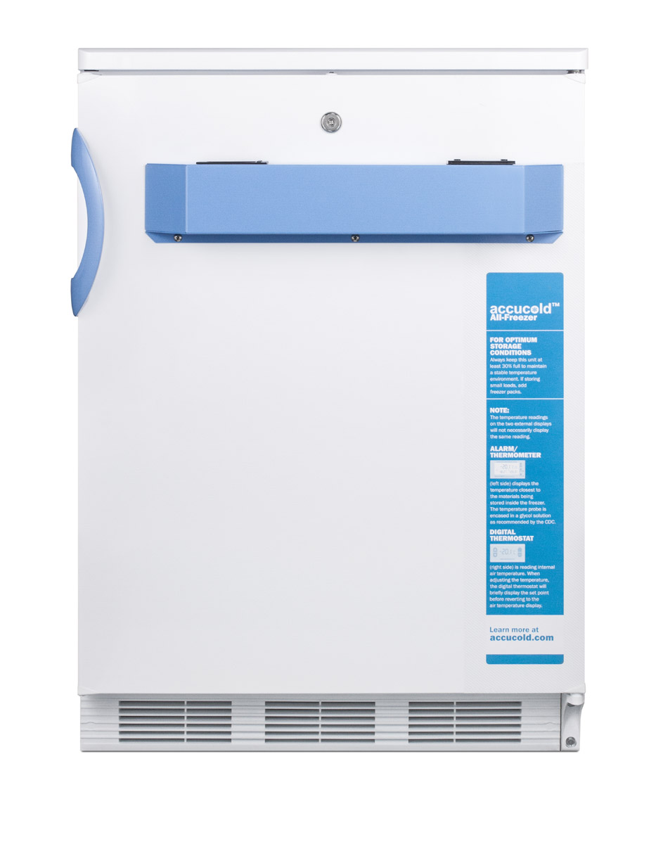 Built-in undercounter medical/scientific -25 C capable all-freezer with front control panel equipped with a digital thermostat and NIST calibrated thermometer/alarm